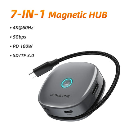 CABLETIME USB C Hub Magnetic Hub 7 in 1 4K@60Hz 5Gbps Resolution Fast Data Transmission SD/TF 3.0 for Laptop iPhone 17 Pro
