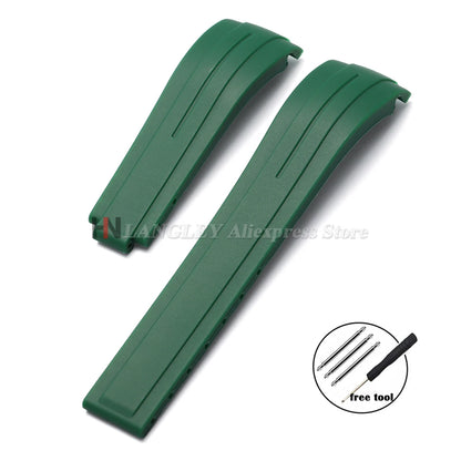Curved Rubber Watch Bracelet 20mm 21mm 22mm for Rolex Green Water Ghost for Oysterflex Waterproof Silicone Folding Buckle Straps