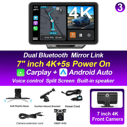 XIMA 7 inch Dash Cam 4K Car DVR Wireless Carplay Android Auto GPS Navigation Video Recorder Dashboard Dual Lens Reversing