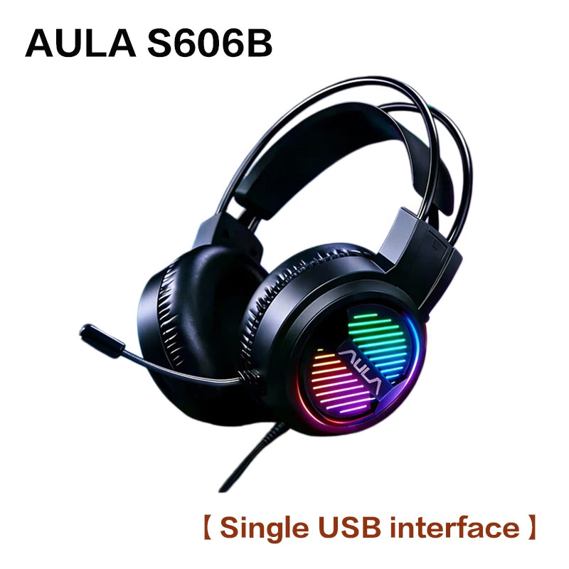 AULA S606B Wired Gaming Headset 50mm Driver Virtual 7.1 Surround Sound Noise Cancelling Mic RGB Gaming Headphones