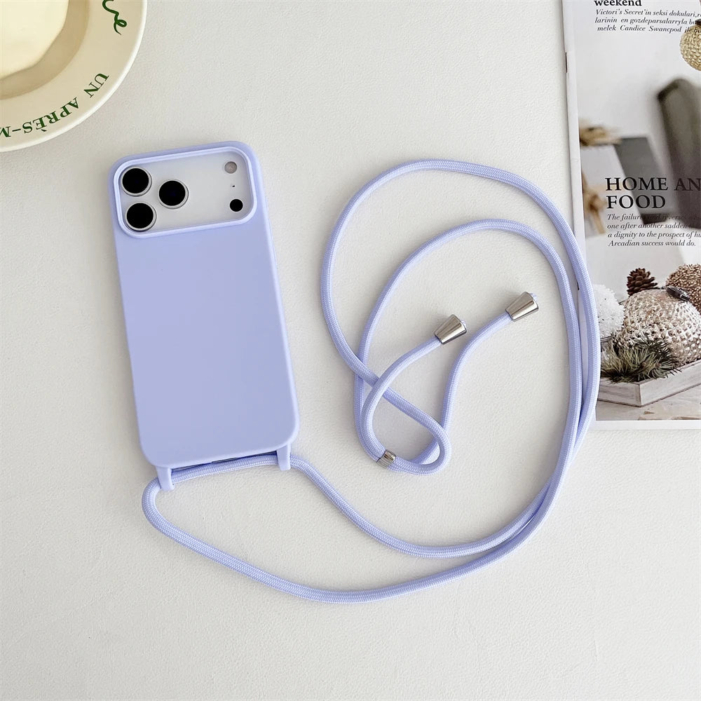 Crossbody Lanyard Cord Liquid Silicone Soft Phone Case for Apple IPhone 17 Air 16 15 14 Plus 13 Pro Max Matte Strap Candy Cover