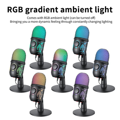 Gaming Microphone USB Microphone for PC Condenser Podcast Mic for Studio Recording with Headphone Jack, Led, Noise Cancellation