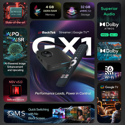 RockTek GX1 UHD Google TV 14 Box Netflix Google Certified 4GB 32GB Realtek1325 Support Dolby Atmos Vision Wifi6 BT Android TVBOX
