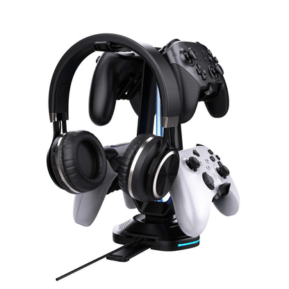 Gaming Headphones & Controller Storage Stand with Light Modes,2 USB Charging Ports ,Controller Holder for Desk