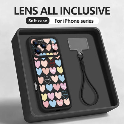 Colorful Heart Printed With Strap Phone Case For iPhone 17 Pro Max 17e 16e 16 15 14 Pro Max 13 12 Pro Shockproof Soft TPU Cover