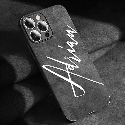 Large Brush Calligraphy Name Customized Phone Case For iPhone 16 15 14 13 12 11 Pro Max Lambskin Faux Leather Shockproof Cover