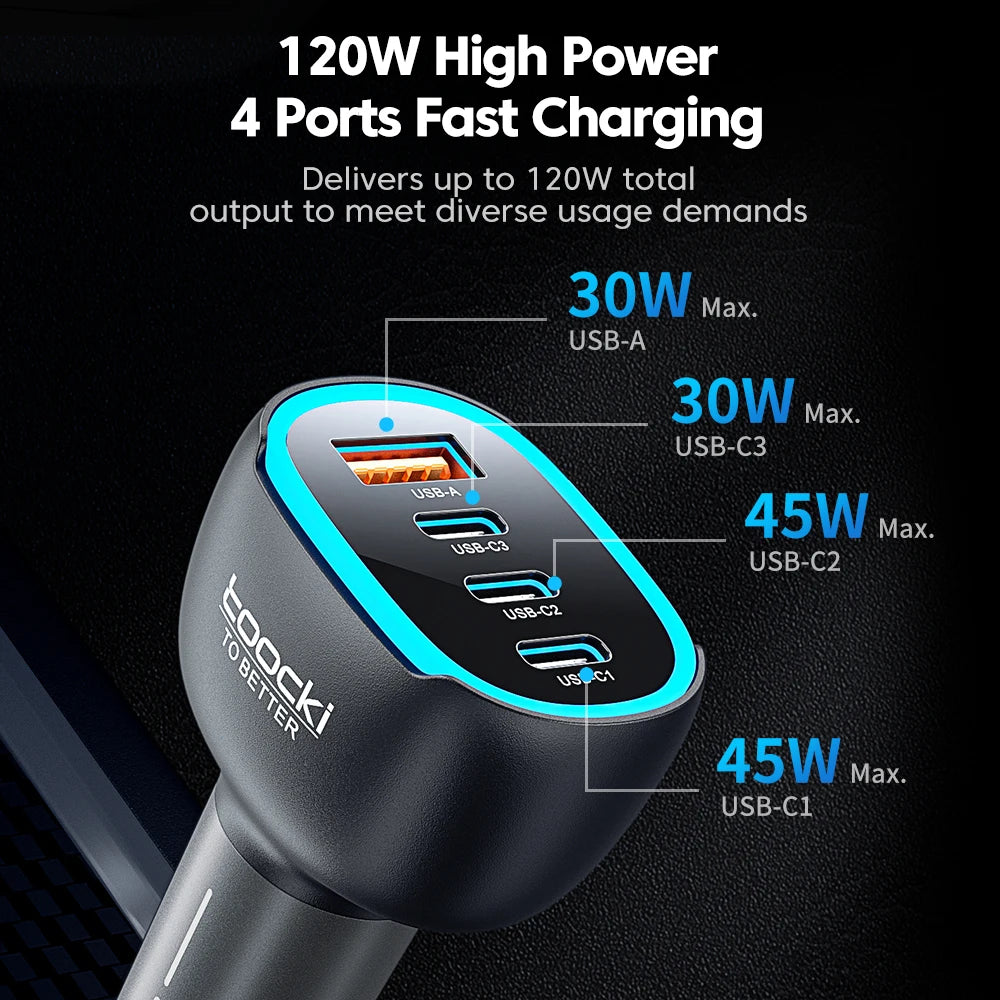 Toocki 120W Mini Car Charger Qi2.2 45W Max USB C PD PPS QC Fast Charging LED Light Zinc Alloy Phone Charger for iPhone17 Samsung