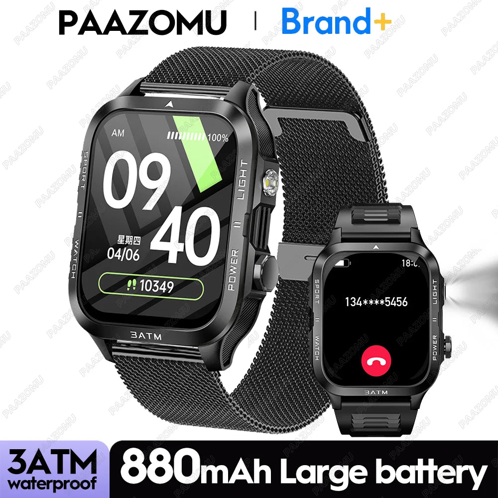 Smartwatch 3ATM Waterproof 1.96''HD Screen BT Call Health Monitor Flashlight 880MAH Battery Sports Smart Watch For Android iOS