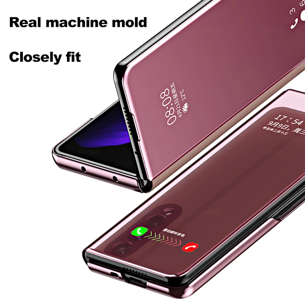 6 Colors Mirror Clear View Stand Flip Case For Samsung Galaxy Z Fold 2 3 4 5 6 7 8 Ultra Full Cover Folding Plathing Phone Cover