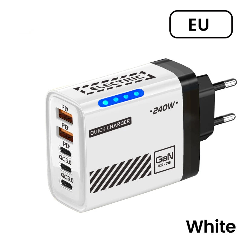 New 240W GaN Phone Fast Charger 5 Ports 3USB 2PD Fast Charging QC 3.0 Wall Charger Adapter For iPhone Samsung Xiaomi US EU