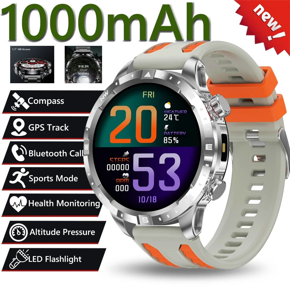 2026 New Military 1000mAh Battery Smart Watch 1.7-inch HD Large Screen LED Flashlight Sport Mode Bluetooth Call Smartwatch Men