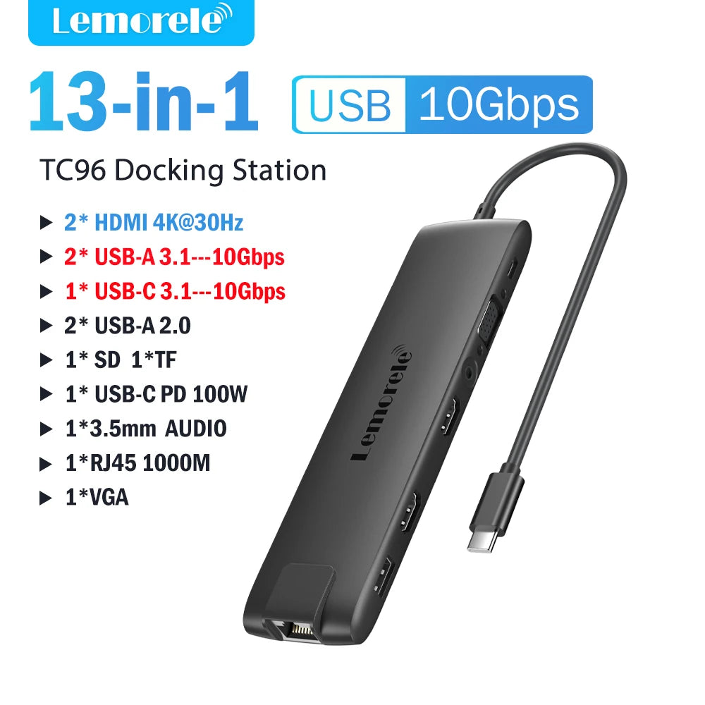 Lemorele 4K USB Hub USB C to Dual HDMI VGA Gigabit Docking Station USB 3.0 VGA Adapter SD Card Readers  for Windows MacBook Air