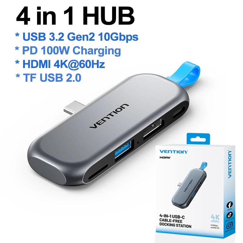 Vention 4 in 1 Portable USB 3.2 Gen2 4K@60Hz HDMI HUB PD 100W Charging Adapter Docking Station for iPad Tablet MacBook Laptop