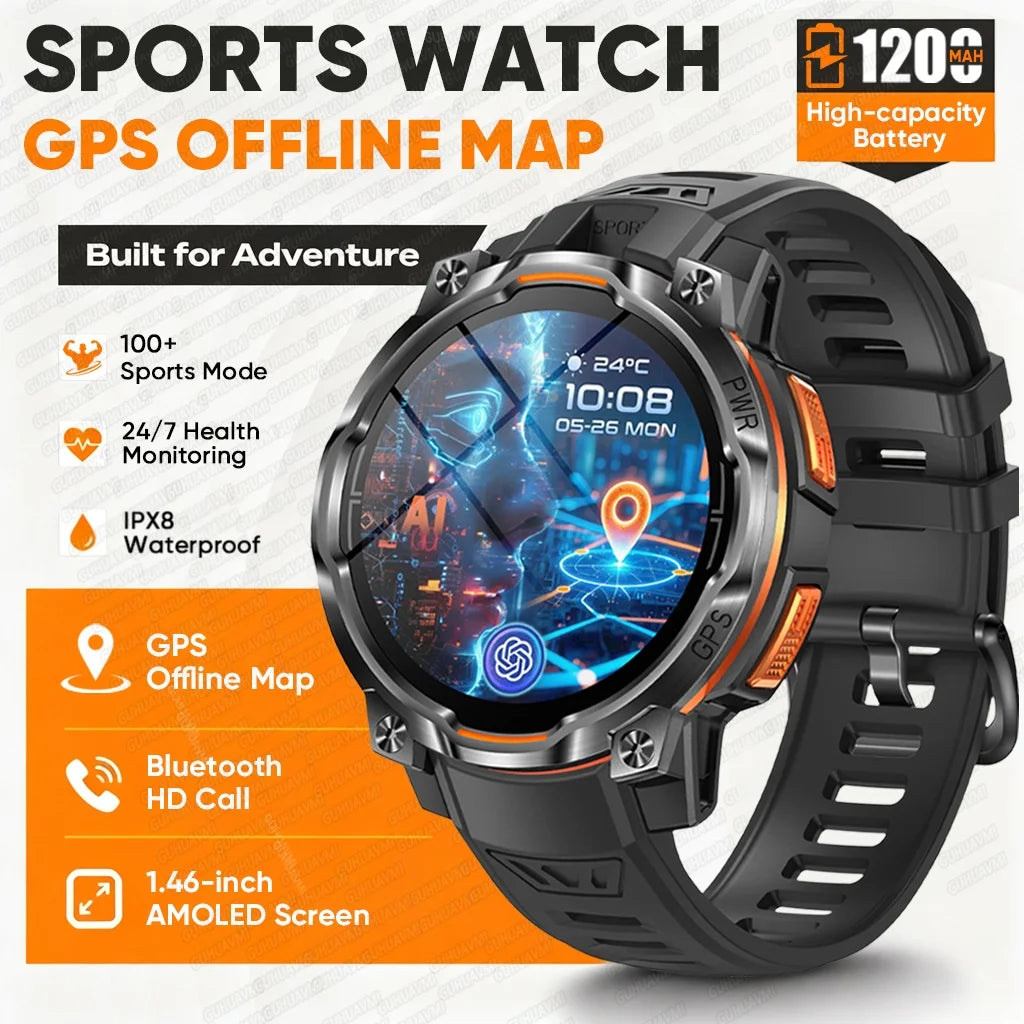 1200mAh Massive Power Outdoor GPS Smart Watch Offline Map 1.43“ HD Screen IPX8 Waterproof Compass Military 107+Sports Watch Men