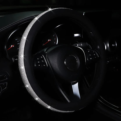 Women's PU Leather Car Interior Wheel Cover with Flashing Mesh Rhinestones for 14.5-15 Inch Car Accessories