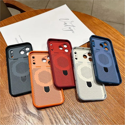 Luxury Heat Dissipation Cooling Mesh Hole Case for iPhone 17 16 15 14 Plus 13 Pro Max For Magsafe Stand Holder Armor Cover
