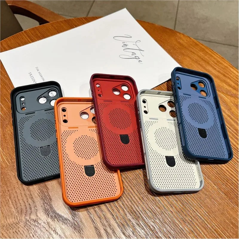 Luxury Heat Dissipation Cooling Mesh Hole Case for iPhone 17 16 15 14 Plus 13 Pro Max For Magsafe Stand Holder Armor Cover