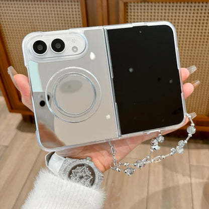 Mirror Kickstand Crystal Beaded Wrist Strap Magnetic Phone Case for IPhone DUO  18 Fold Shockproof Anti Scratch Protect Cover