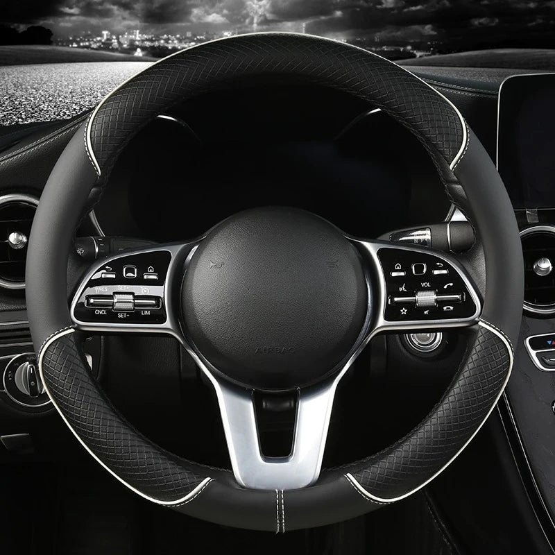 All Seasons Leather Diamond Steering Wheel Cover Universal Fit for 14 .5-15 Inch Durable Leather Cover Anti-Slip Veins Design