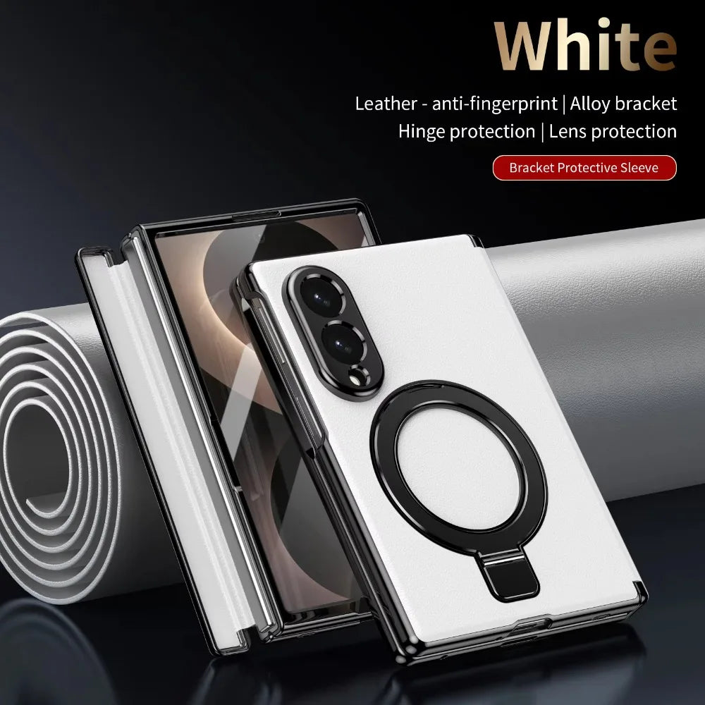 Magnetic Bracket Phone Case for Samsung Galaxy Z Fold 8 Ultra 7 6 5 Luxury Leather Hinge Full Screen Glass Drop Protection Cover