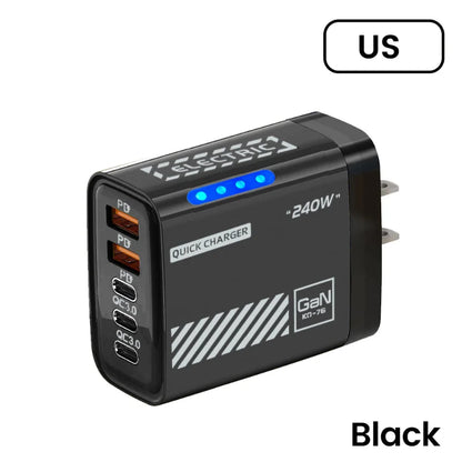 New 240W GaN Phone Fast Charger 5 Ports 3USB 2PD Fast Charging QC 3.0 Wall Charger Adapter For iPhone Samsung Xiaomi US EU