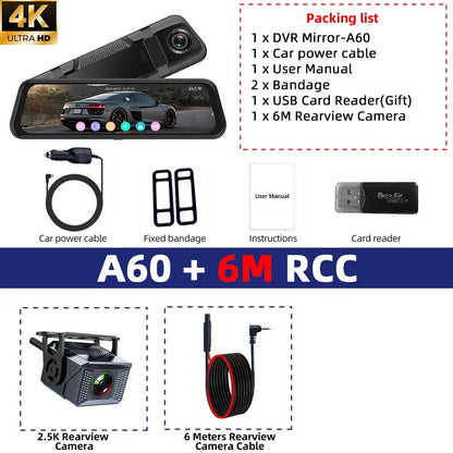 E-ACE 4K Dashcam 9.66'' Mirror Dash Car Camera 2.5K Rear Camera Support WIFI GPS ADAS Touch Screen Video Recorder Black Box ﻿