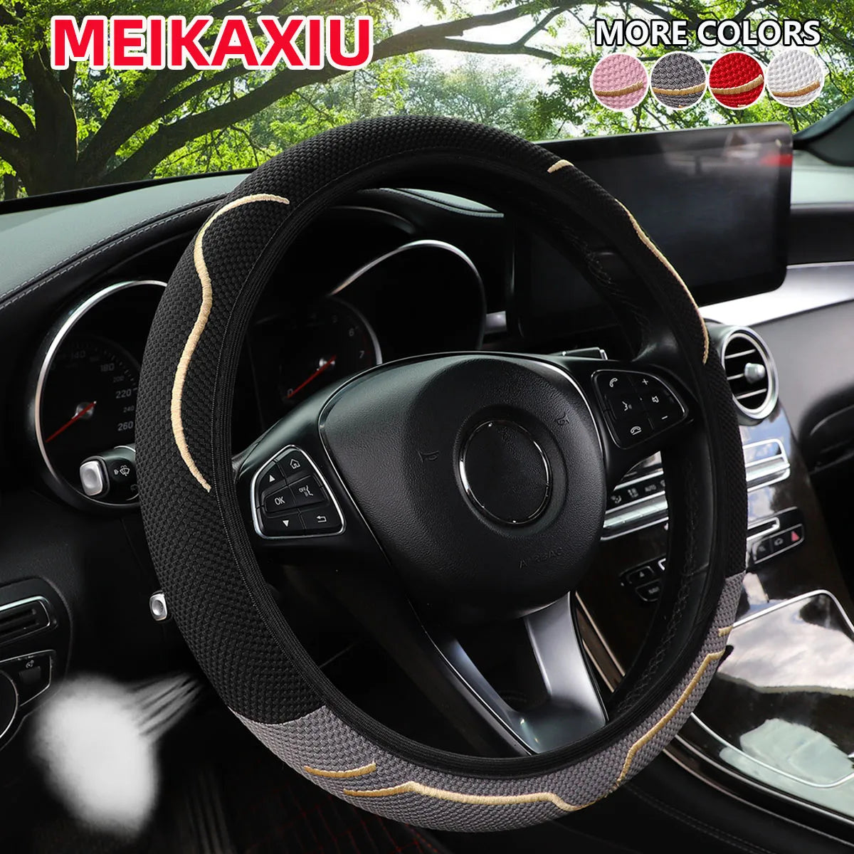 Universal Fit Cute Ice Silk Cat Ears Steering Wheel Cover 15-Inch Ventilated Design No Inner Ring Car Interior Accessory