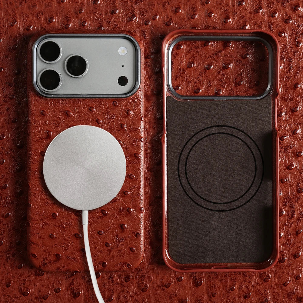 For Magsafe Ostrich Genuine Leather Case For iphone 17 Air 16 15 14 13 Pro Max Back Cover Cases 17Pro 16Pro 15Pro Max Coque Capa