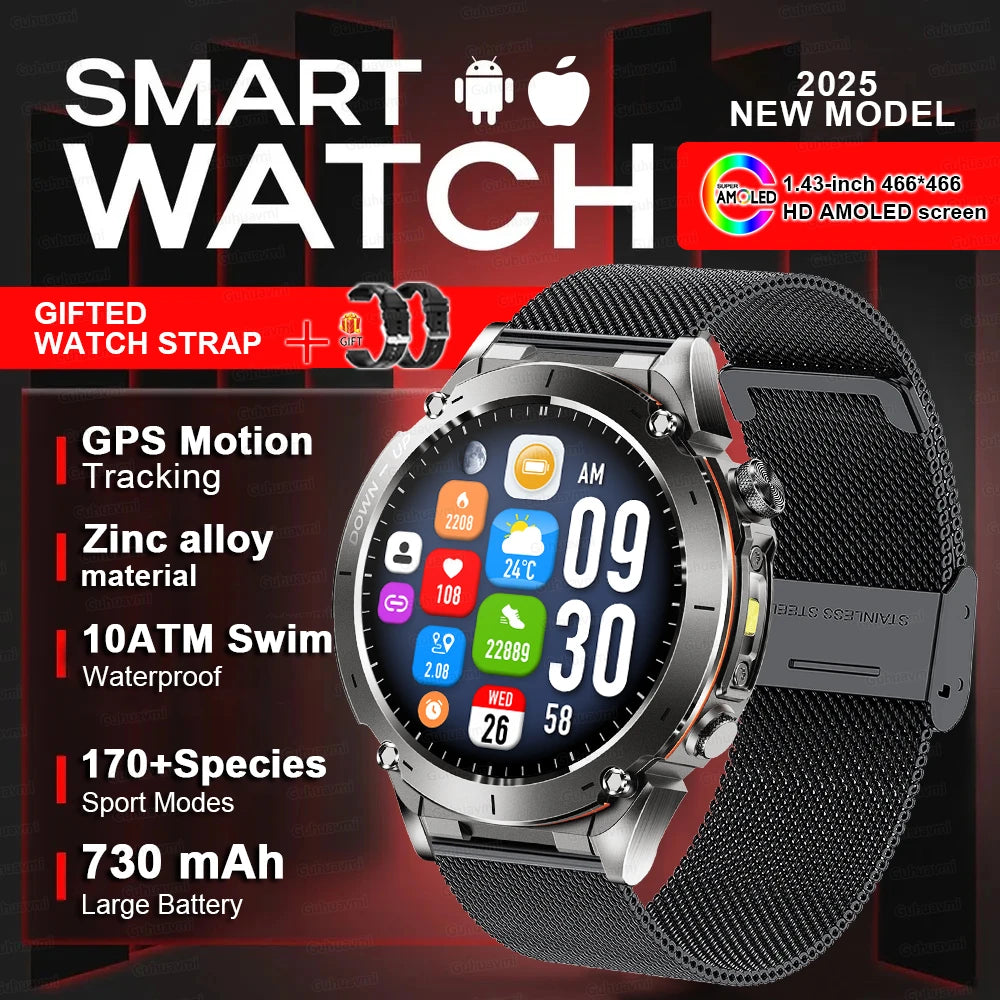 Outdoors TANK New GPS SmartWatch Man Dual-Band GNSS Military 10ATM Waterproof LED Flashlight Compass Altimeter NFC HD Call Watch