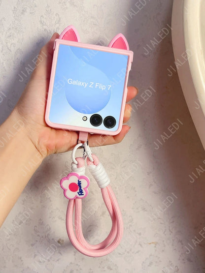 Cute Cat Ears Hinge Phone Case For Samsung Galaxy Z Flip 8 7 6 5 4 3 flip6 zflip7 ZFlip 8 Cover