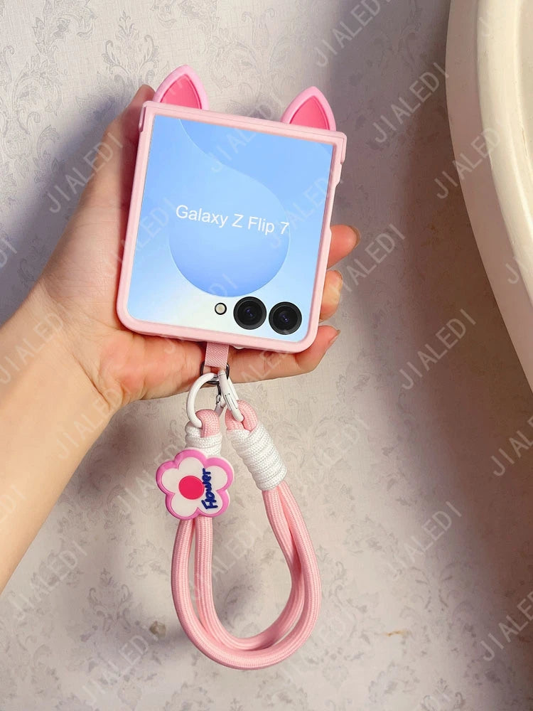 Cute Cat Ears Hinge Phone Case For Samsung Galaxy Z Flip 8 7 6 5 4 3 flip6 zflip7 ZFlip 8 Cover