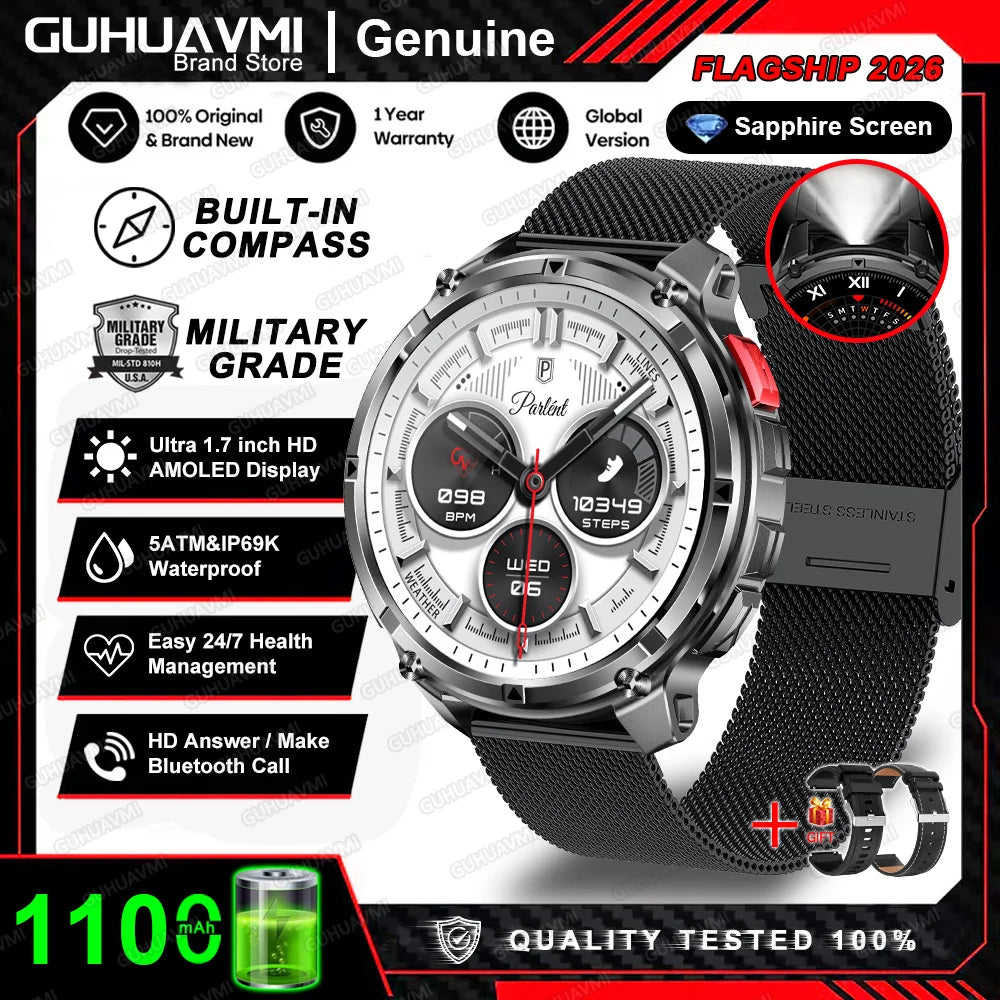 2026 New 1100mah AMOLED Smart Watch Men 170+Sport Fitness LED Flashlight IP69 Waterproof Bluetooth call GPS track Smartwatch iOS