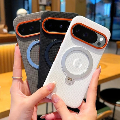 Busines Texture Woven Leather Magnetic Rotable Bracket Case For Google Pixel 10 Pro 10 Pro XL Alloy Button Lens Frame Back Cover