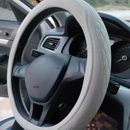 Embossed PU Leather Patchwork Car Steering Wheel Cover, Non-slip, Breathable, Universal 15 Inch (Approx. 38cm)