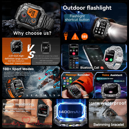 2026 New 1400mAh Large Battery Military Outdoor 2.01 inches Smart watch Men 10ATM Waterproof Bluetooth Call Sports Smart Watch
