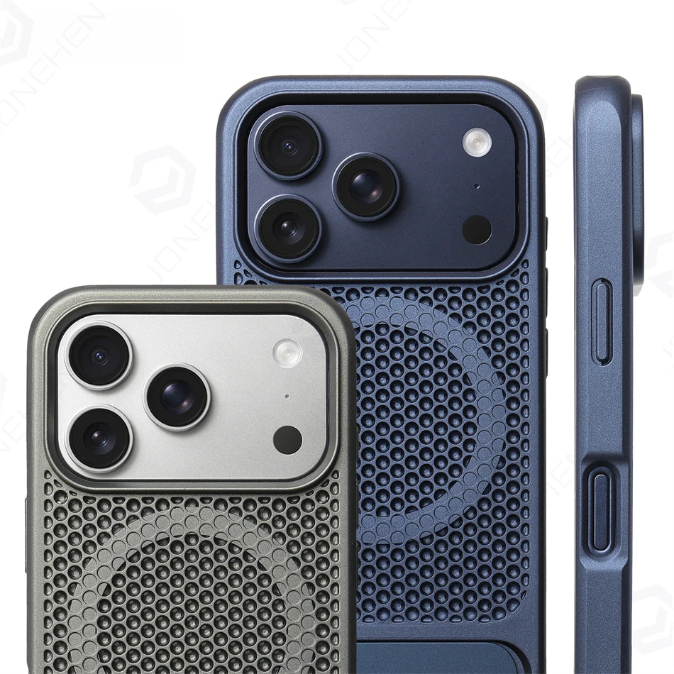 Heat Dissipation Stand Magnetic Shockproof Bumper Case For iPhone 17 Pro Max Air 16 15 14 13 12 Breathable Cover For Magsafe