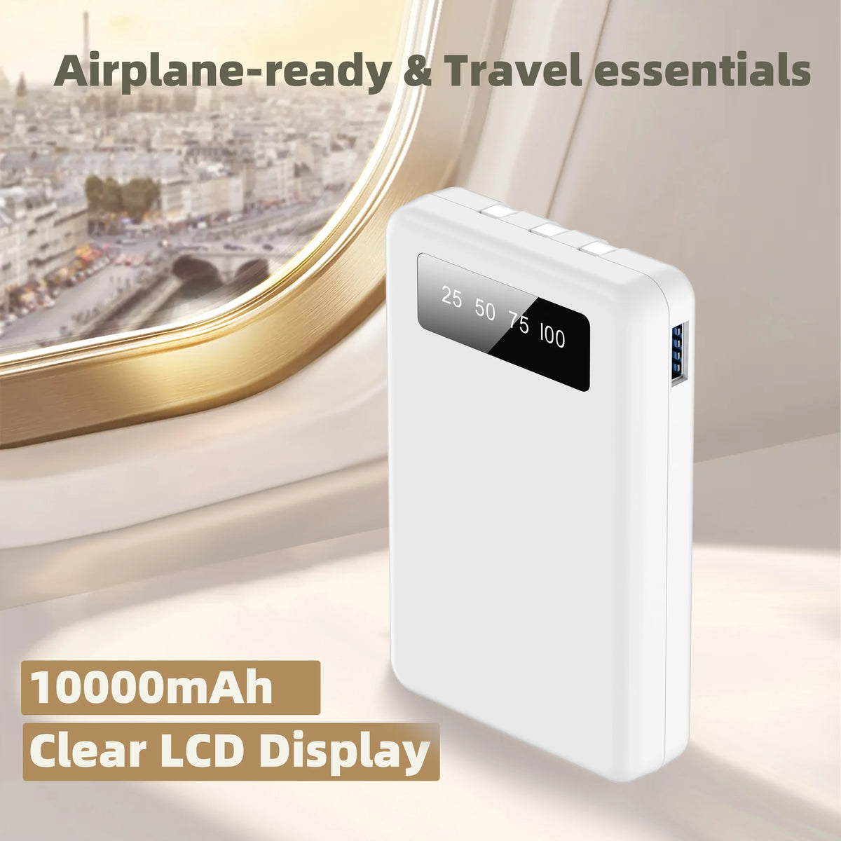 Mini Slim 10000mAh Portable Power Bank, Built-in LED Digital Display, 1 USB-A Port & 3 Integrated Cables, Small Lightweight Design, Multi-Device Simultaneous Charging for Travel, Camping and Emergency, Compatible with Android